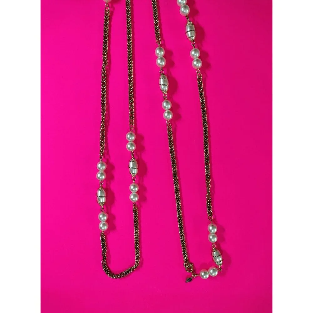 Sarah Coventry Vintage Gold Tone Chain Faux Pearl Pendant Long Necklace Jewelry - Picture 10 of 16
